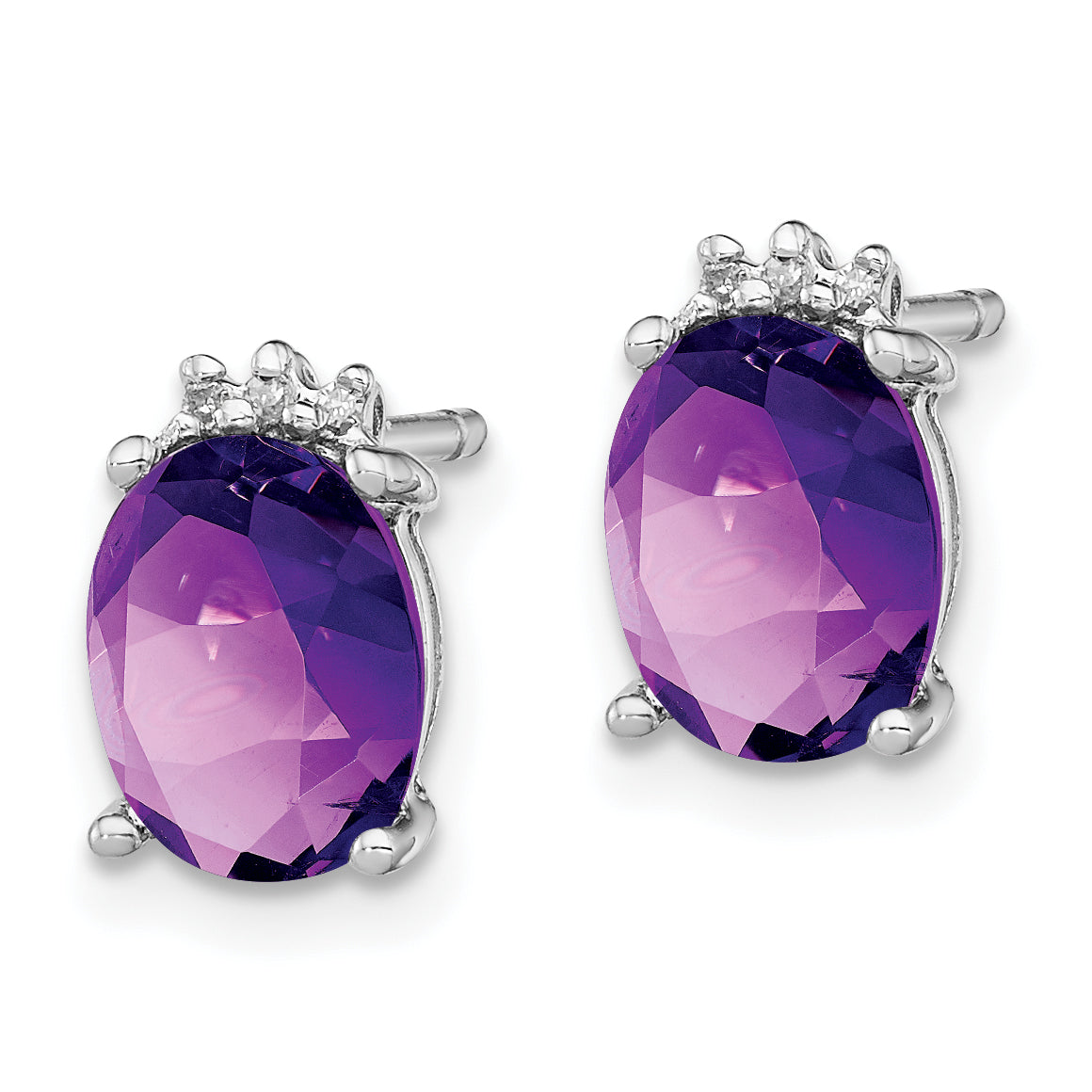 Sterling Silver Rhodium Plated Oval Amethyst and Diamond Post Earrings Secondary image