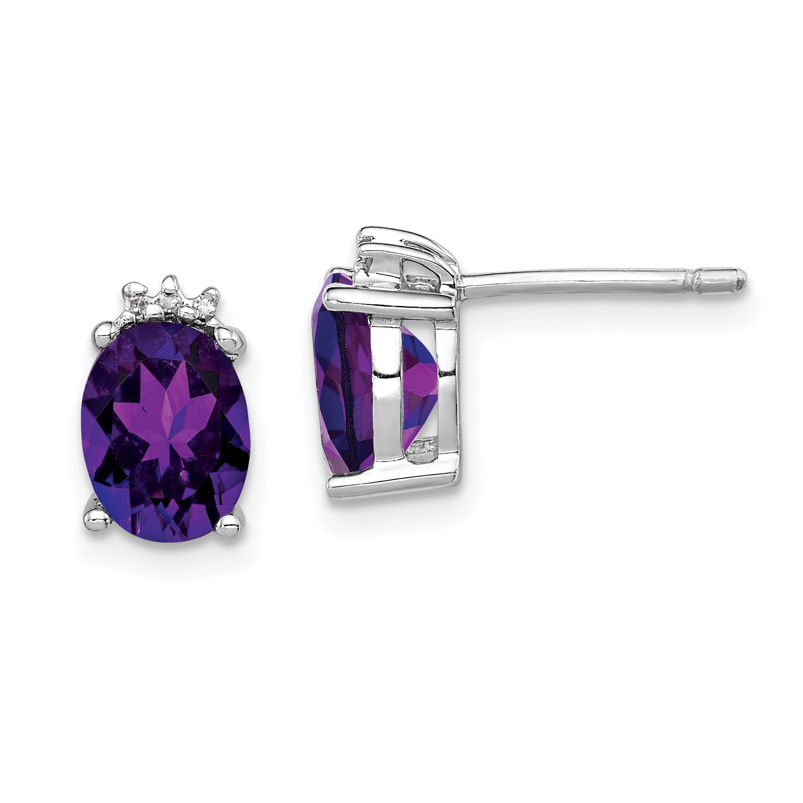 Sterling Silver Rhodium Plated Oval Amethyst and Diamond Post Earrings Main image