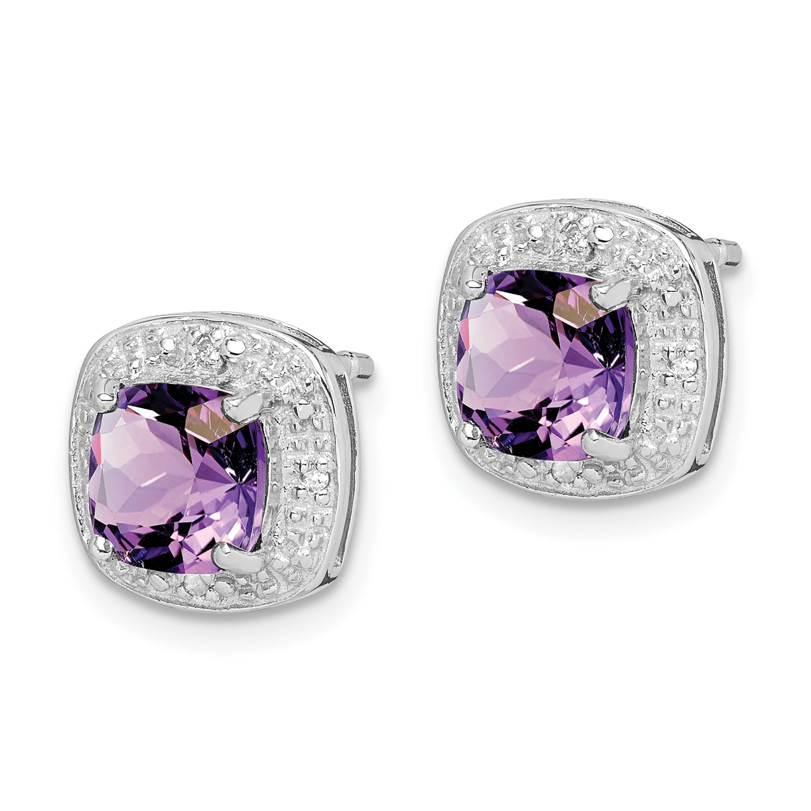 Sterling Silver Rhodium Plated Amethyst and Diamond Post Earrings Secondary image