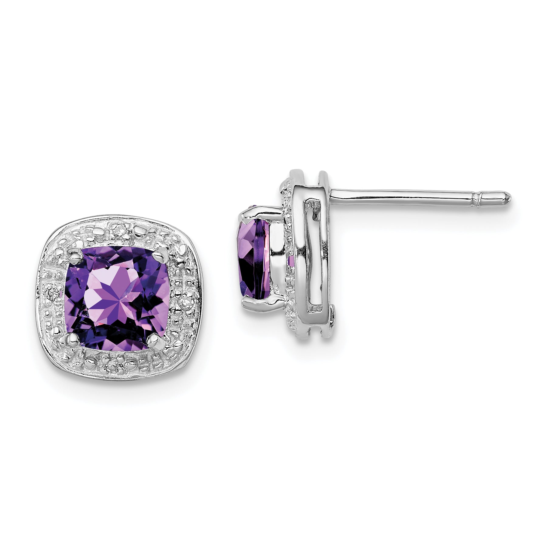 Sterling Silver Rhodium Plated Amethyst and Diamond Post Earrings Main image