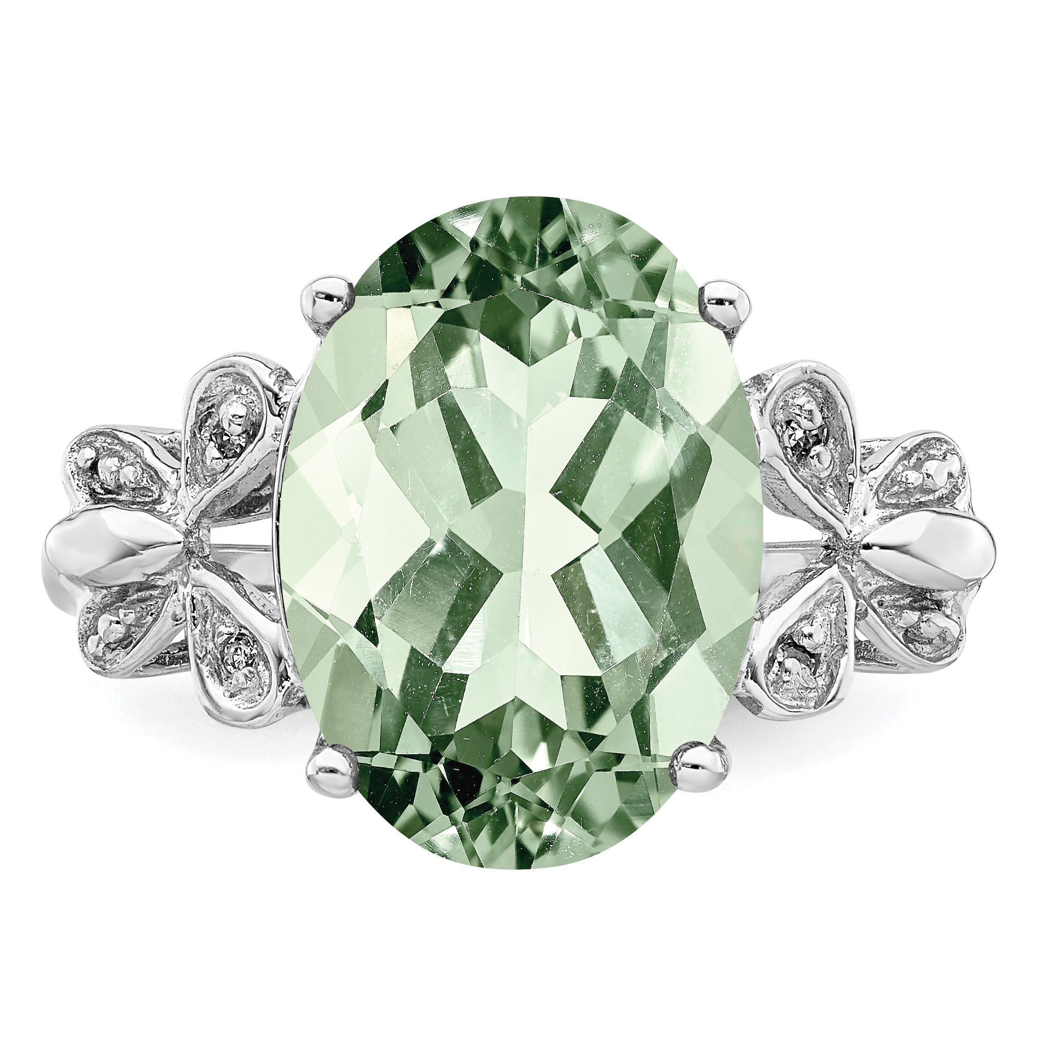 Sterling Silver Rhodium Green Quartz & Diamond Ring