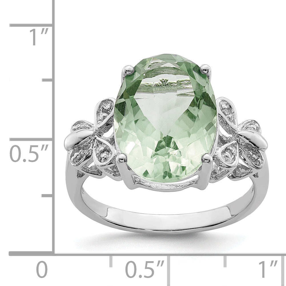 Sterling Silver Rhodium Green Quartz & Diamond Ring