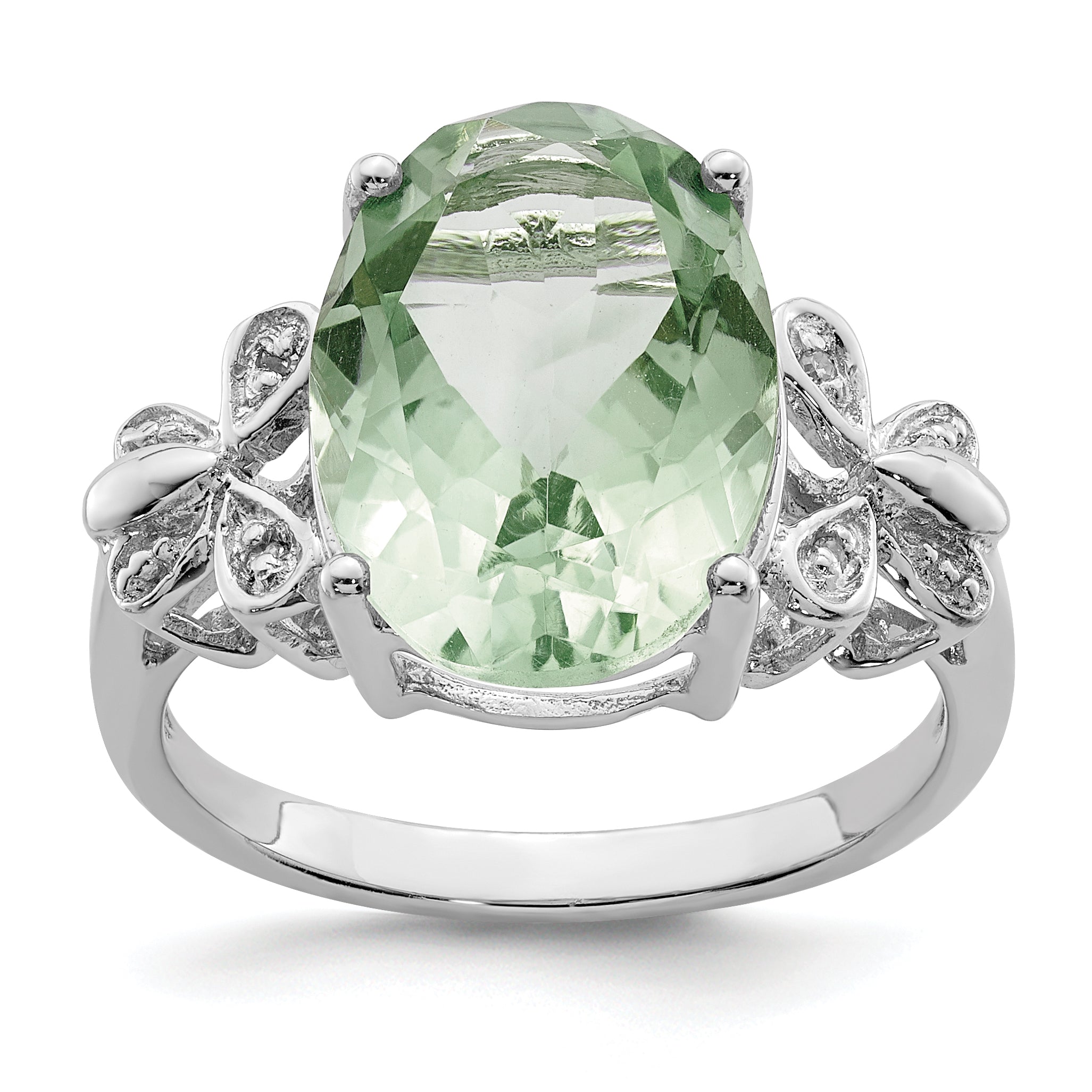 Sterling Silver Rhodium Green Quartz & Diamond Ring Main image