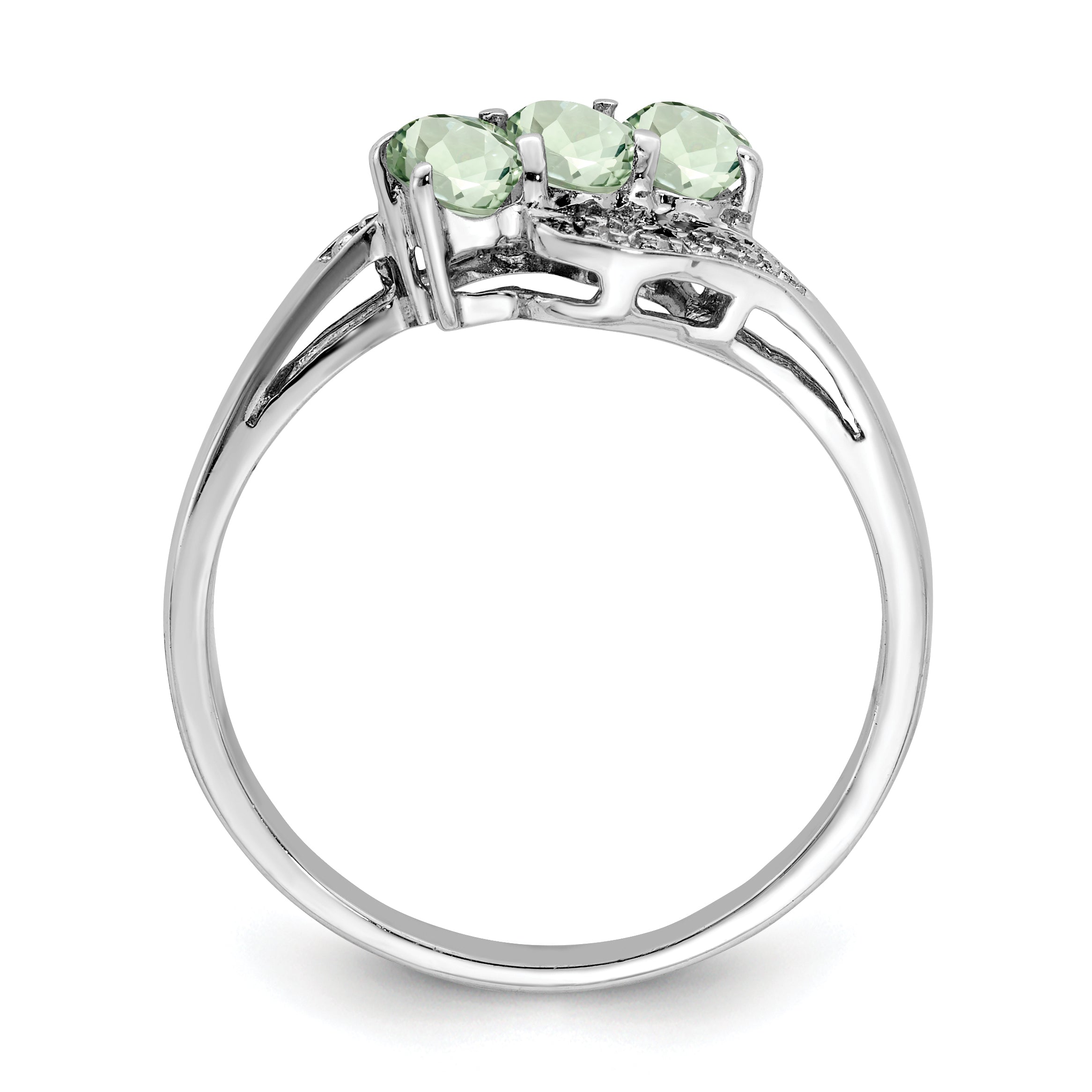 Sterling Silver Rhodium 3 Stone Green Quartz & Diamond Ring Secondary image