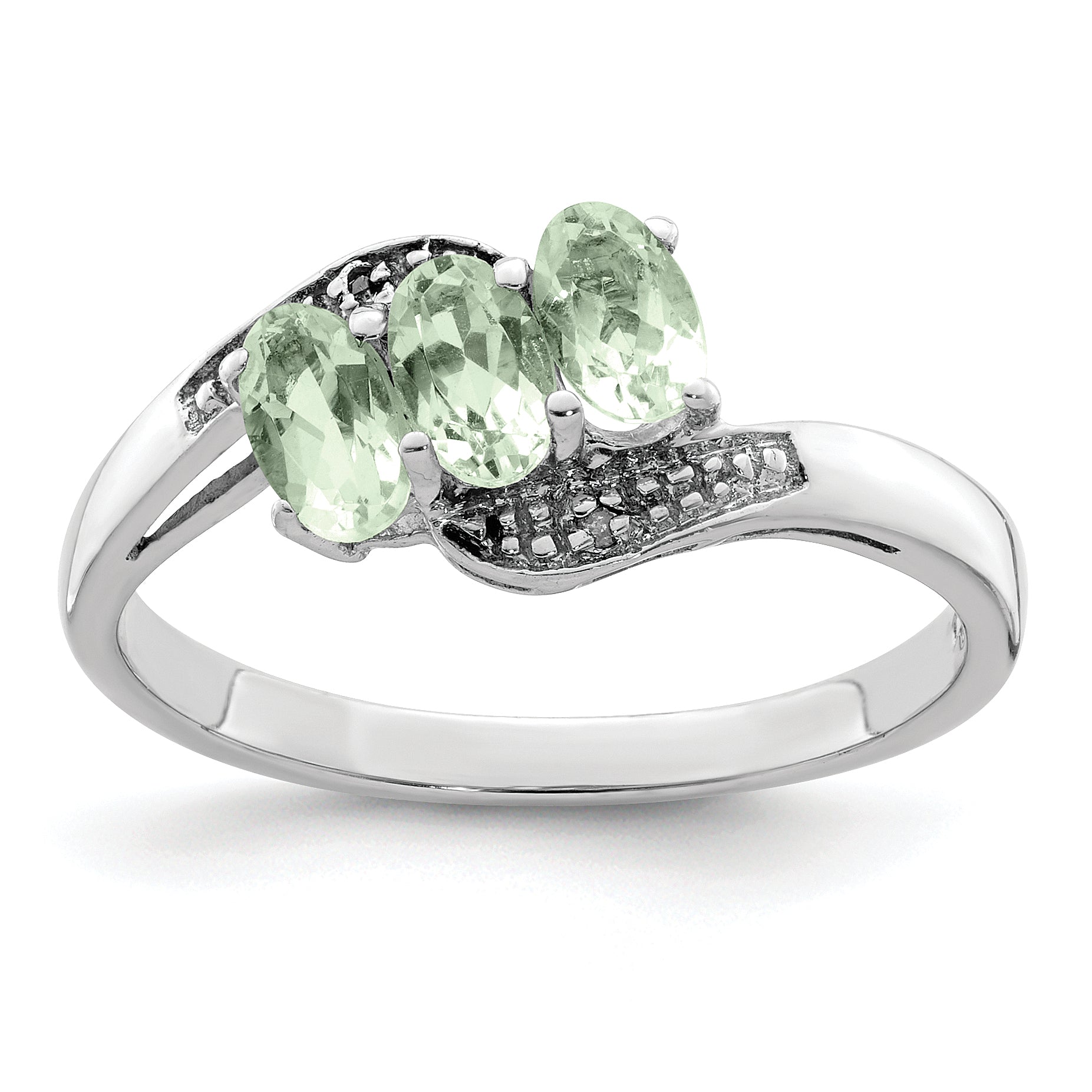 Sterling Silver Rhodium 3 Stone Green Quartz & Diamond Ring Main image