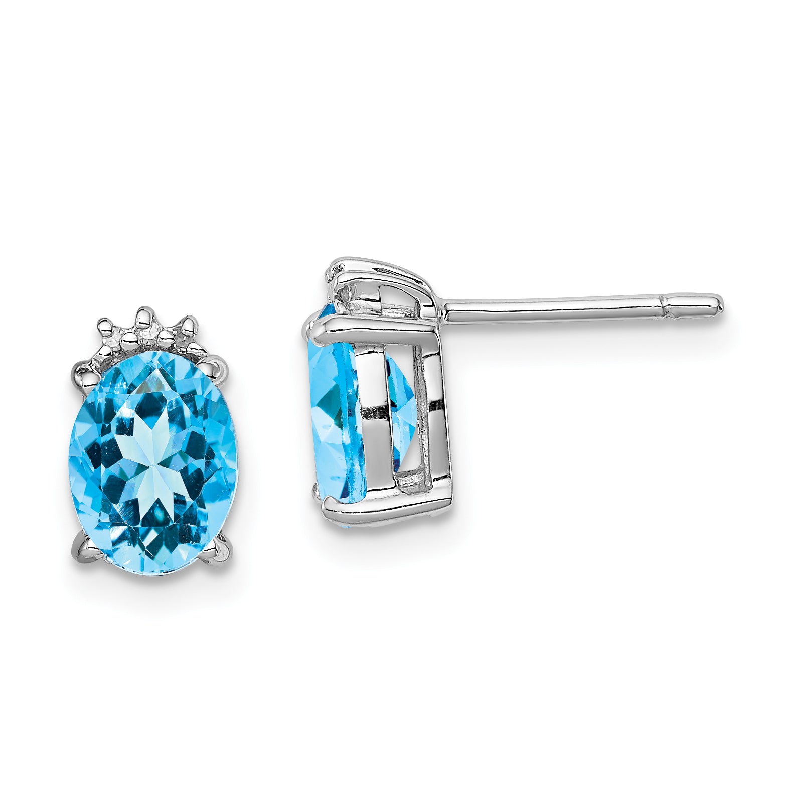 Sterling Silver Rhodium Plated Oval Blue Topaz and Diamond Post Earrings Main image