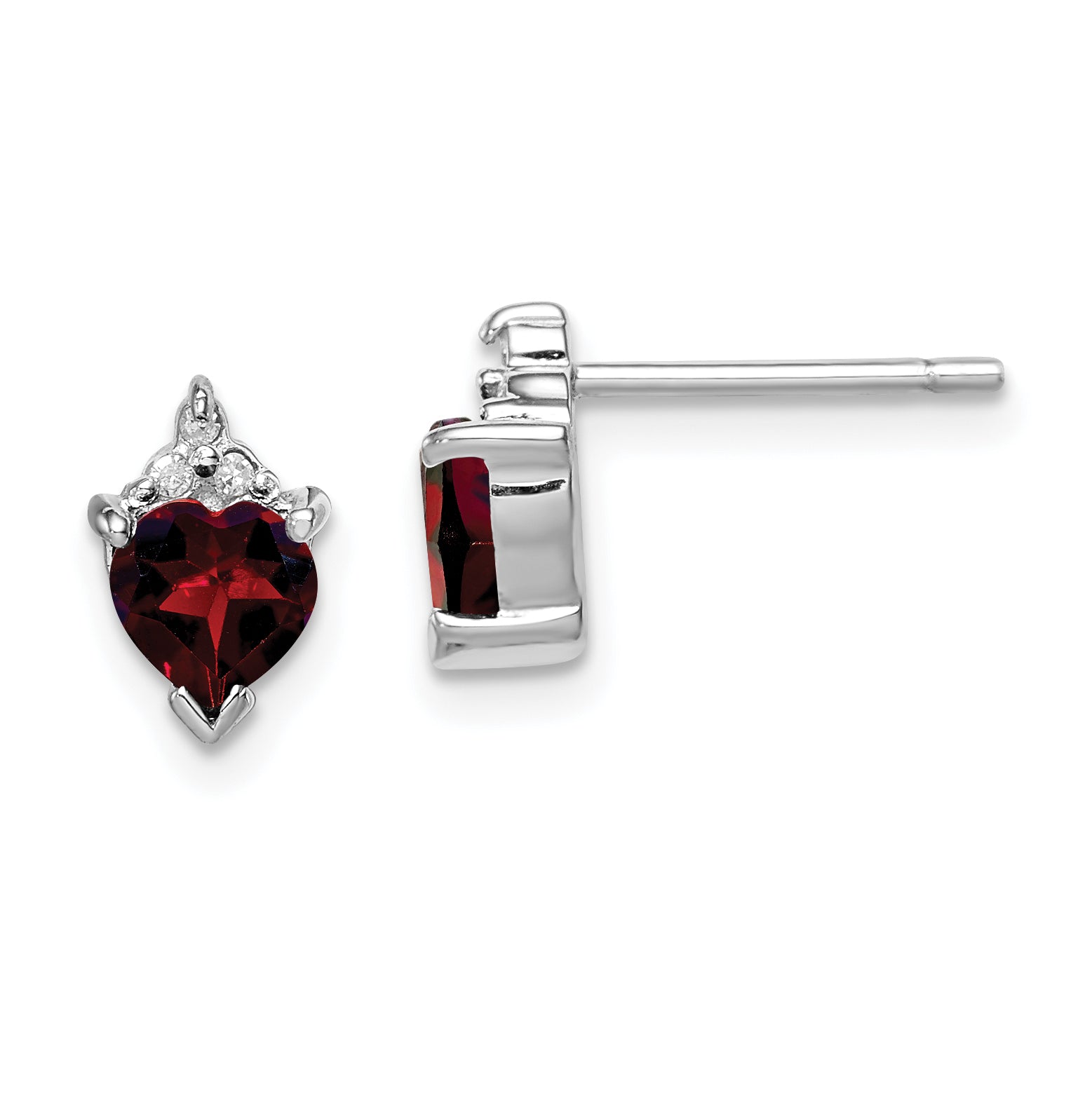 Sterling Silver Rhodium Plated Heart Garnet and Diamond Post Earrings Main image