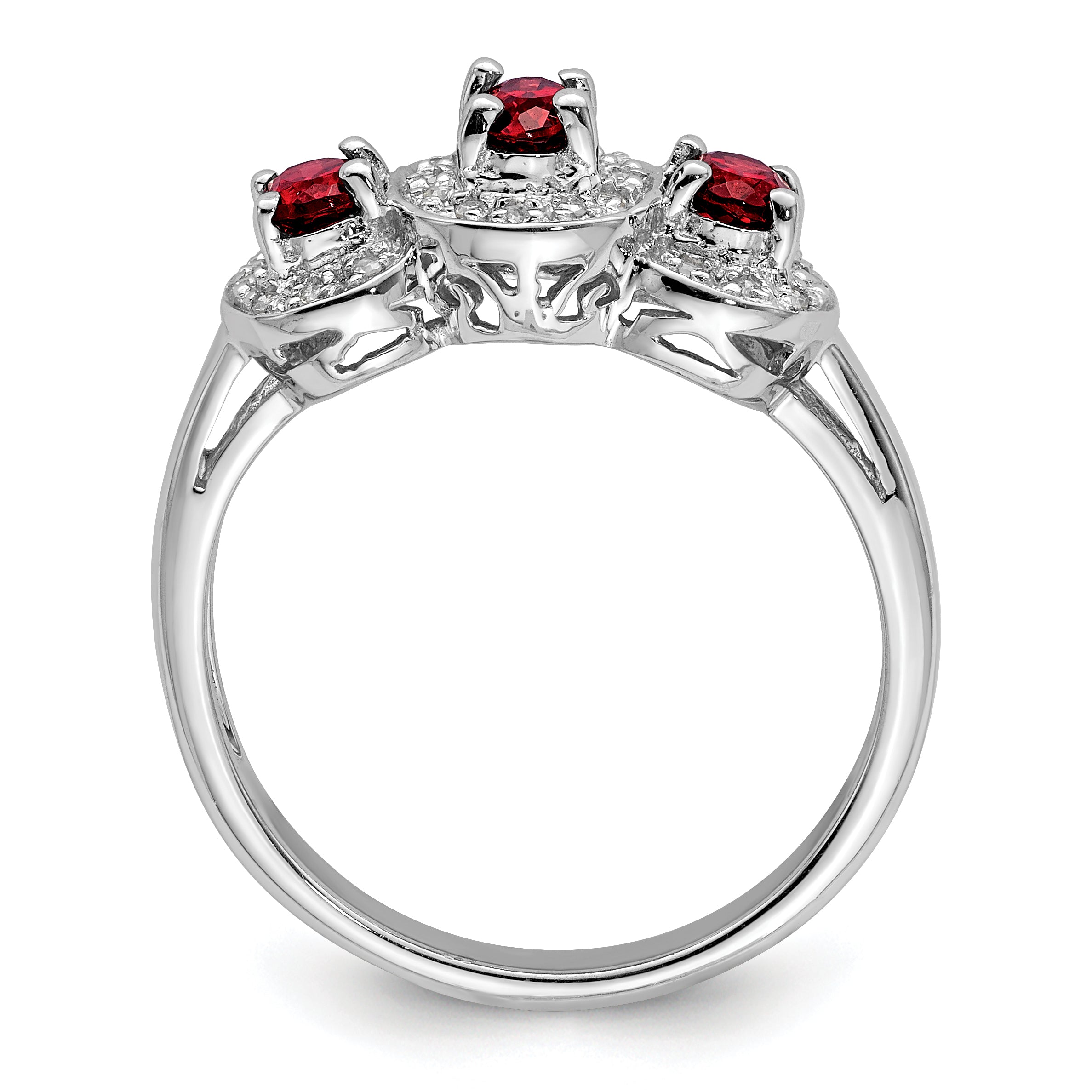 Sterling Silver Rhodium-plated 3 Stone Garnet & Diamond Ring Secondary image