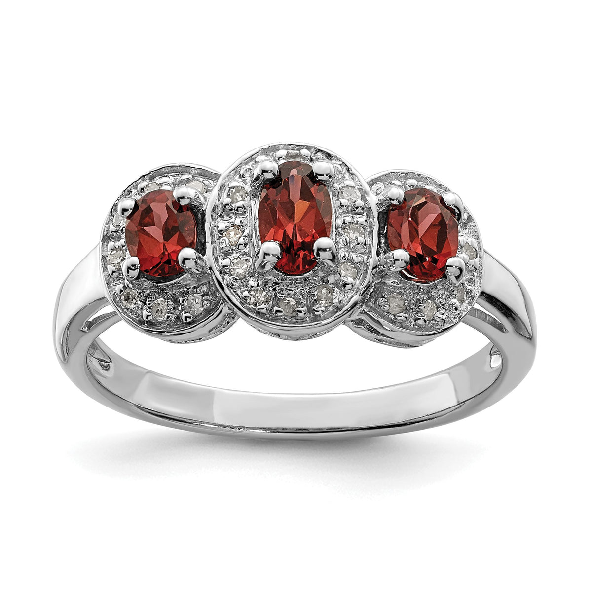 Three-Stone Garnet & Diamond Ring in Sterling Silver (0.08 ct. tw.), Size 7–8 - Sophia Jewelers Main image