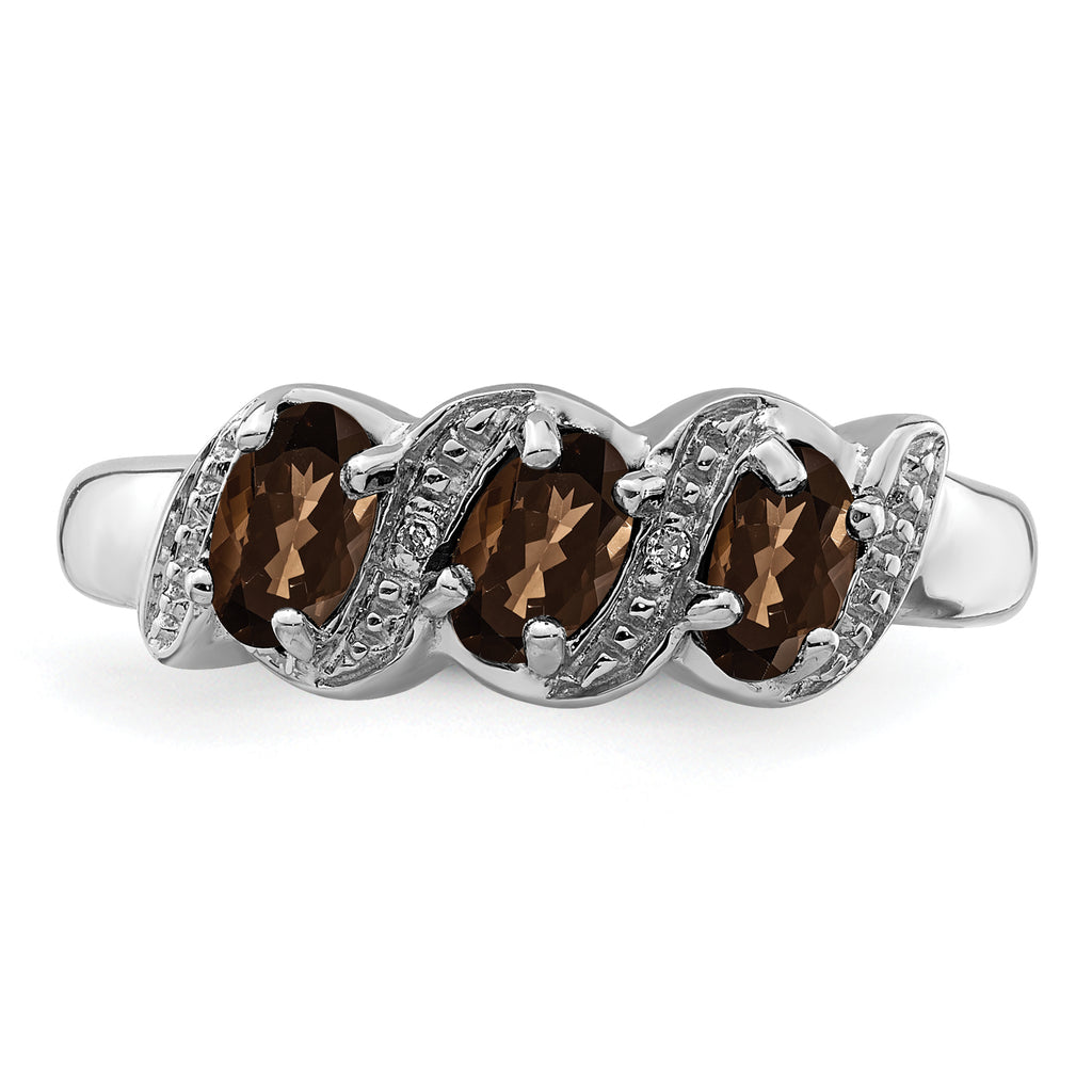Sterling Silver Rhodium 3 Stone Smoky Quartz & Diamond Ring