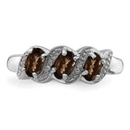 Sterling Silver Rhodium 3 Stone Smoky Quartz & Diamond Ring