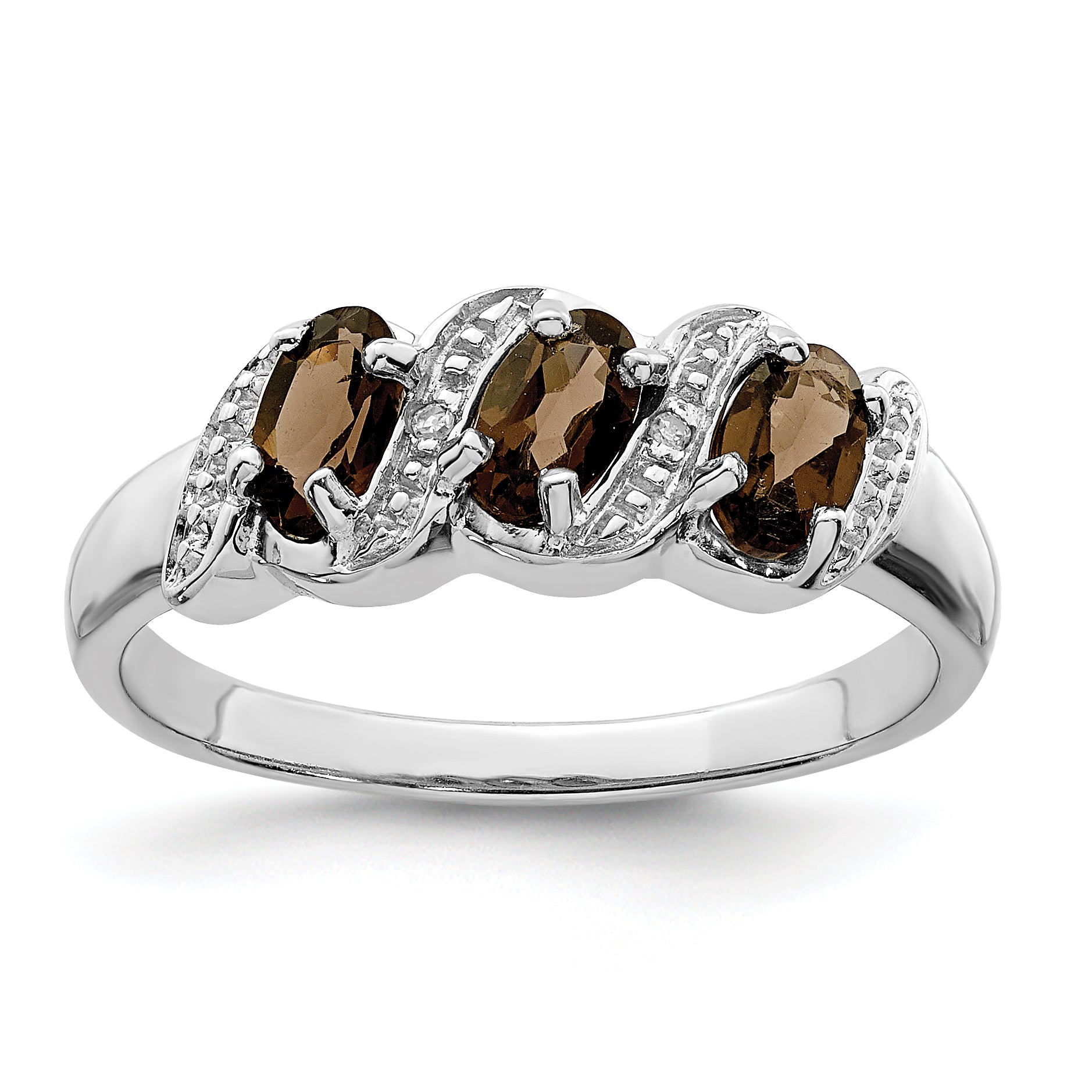 Sterling Silver Rhodium 3 Stone Smoky Quartz & Diamond Ring Main image