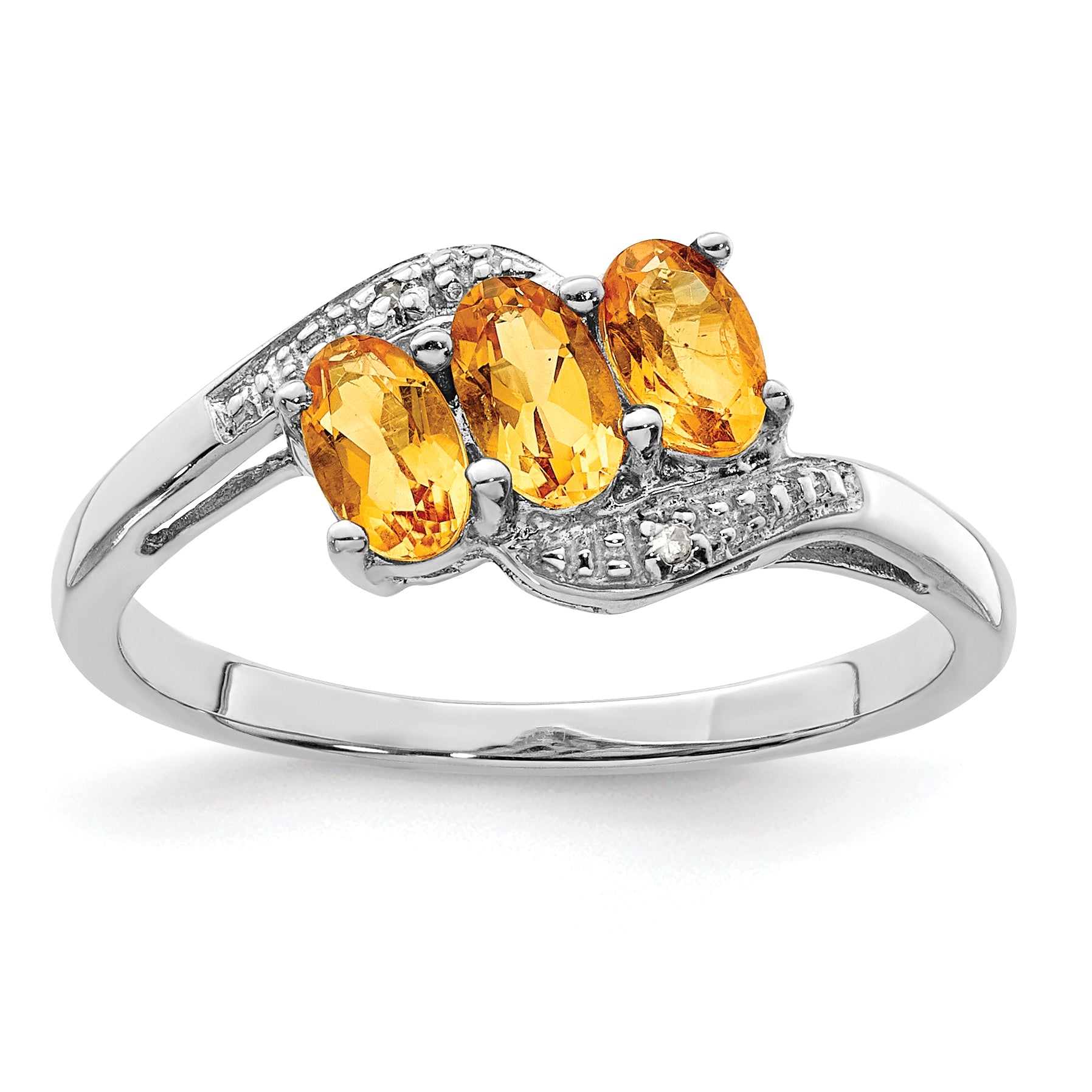 Sterling Silver Rhodium 3 Stone Citrine & Diamond Ring