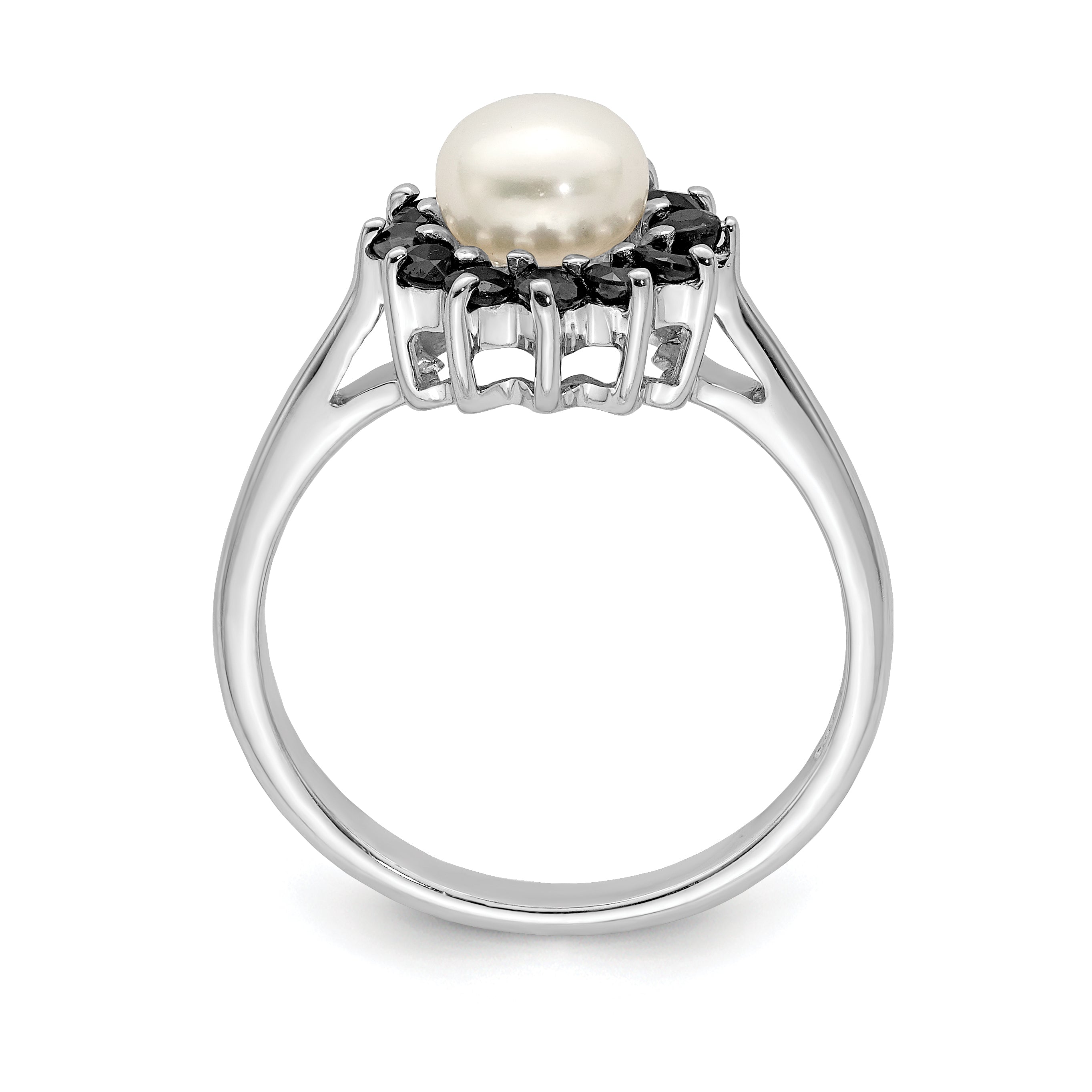 Sterling Silver Rhod 6mm FW Cultured Button Pearl & Sapphire Ring Secondary image