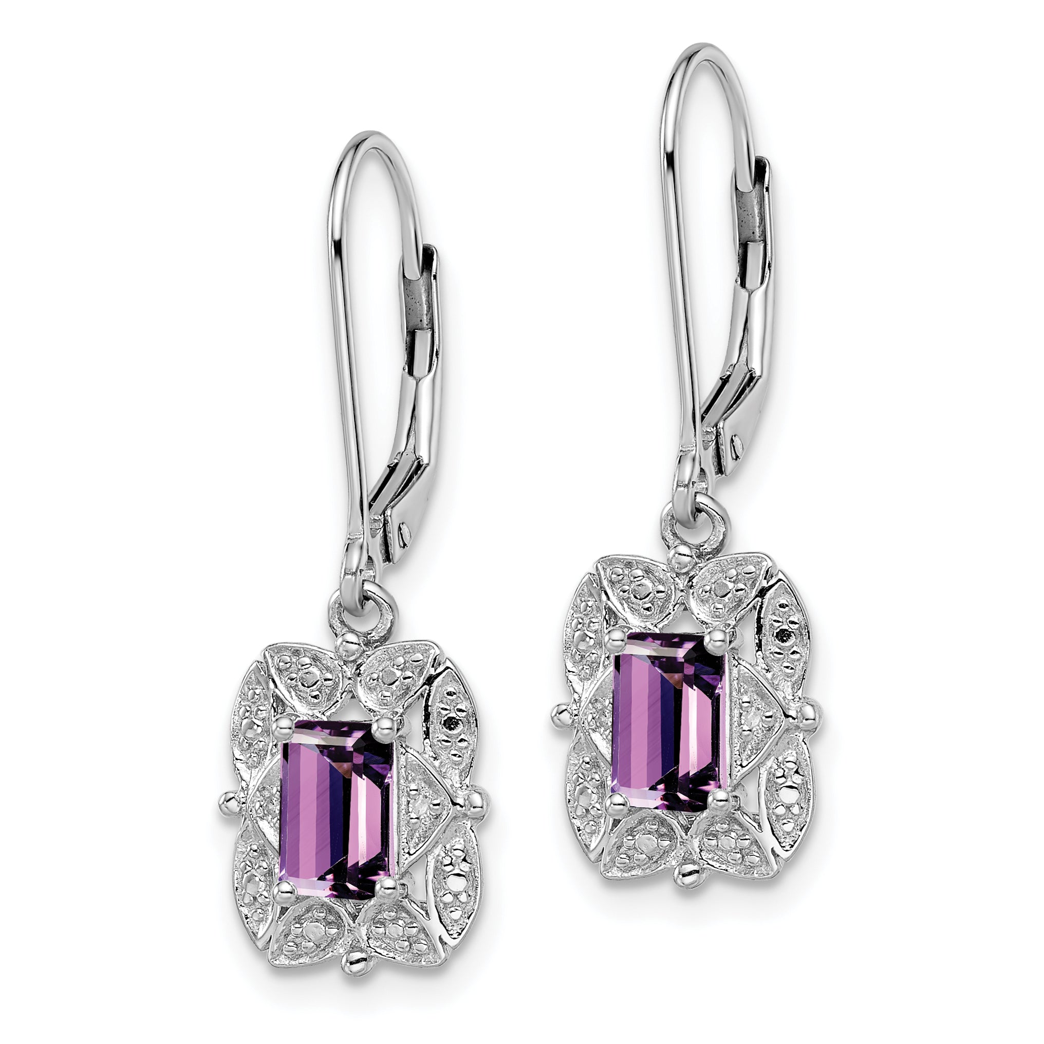 Sterling Silver Rhodium-plated Diamond and Amethyst Earrings Secondary image