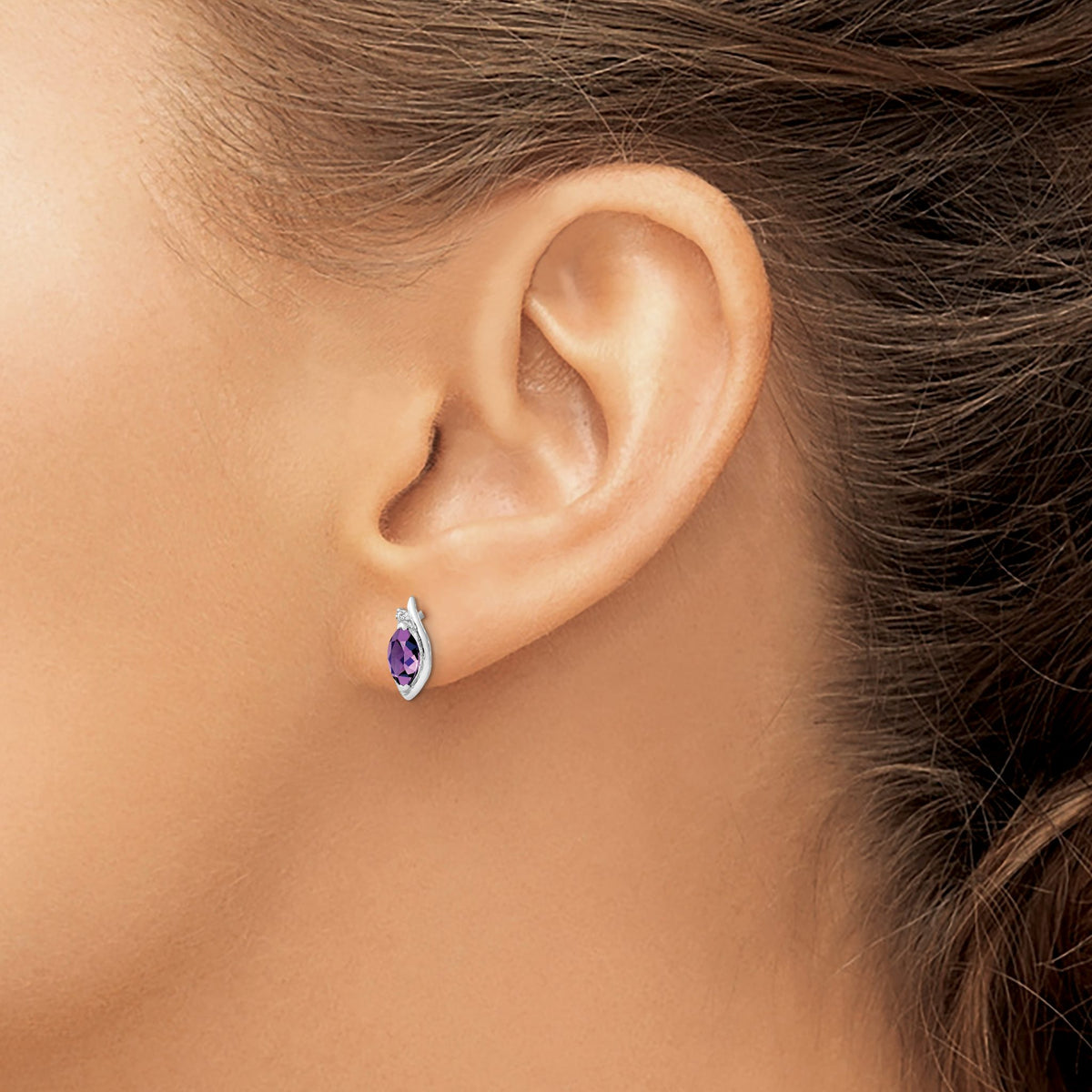 Amethyst & Diamond Birthstone Stud Earrings in Sterling Silver, 7x3.5mm (0.01 ct. tw.) - Sophia Jewelers