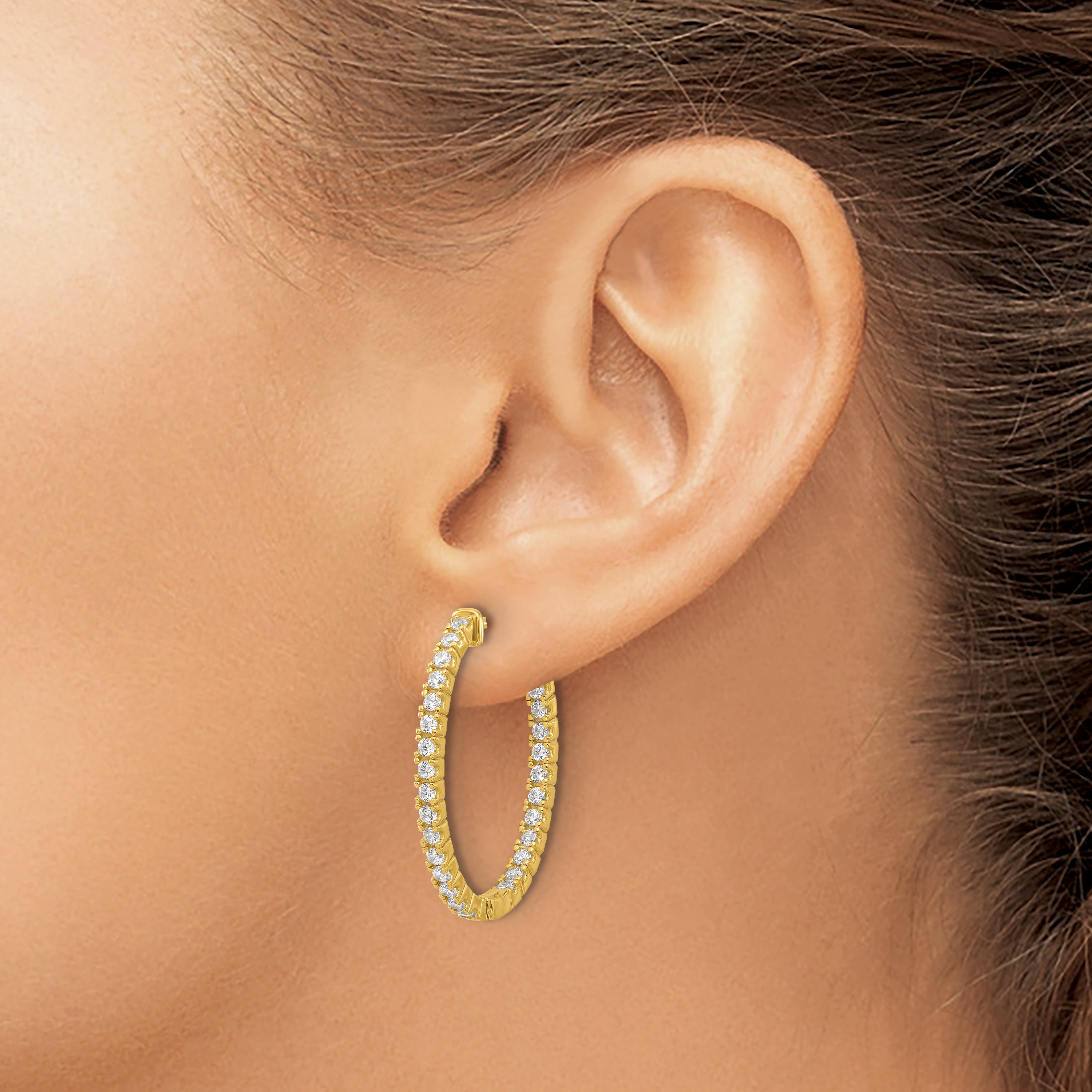 Sterling Shimmer Sterling Silver Gold-tone Flash Gold-plated 1.7mm CZ 54 Stone Oval In and Out Hinged Hoop Earrings