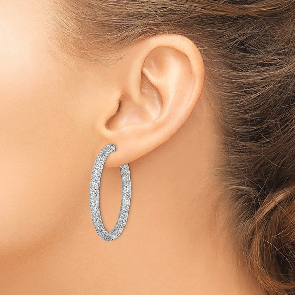 Pavé Round Cubic Zirconia Out Hoop Earrings in Sterling Silver, 43mm Hinged - Sophia Jewelers