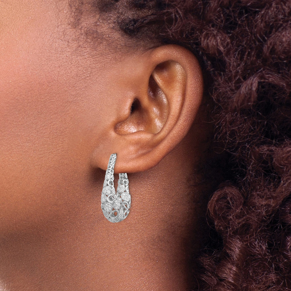 Stone Pavé Oval Cubic Zirconia Hoop Earrings in Sterling Silver, 30mm Hinged - Sophia Jewelers