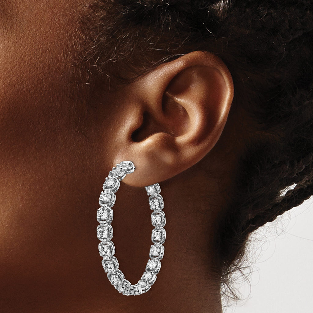 38-Stone Round Cubic Zirconia Out Hoop Earrings in Sterling Silver, 40mm Hinged - Sophia Jewelers