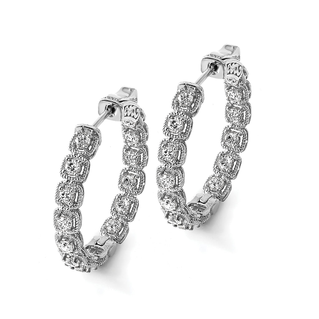 26-Stone Round Cubic Zirconia Out Hoop Earrings in Sterling Silver, 29mm Hinged - Sophia Jewelers