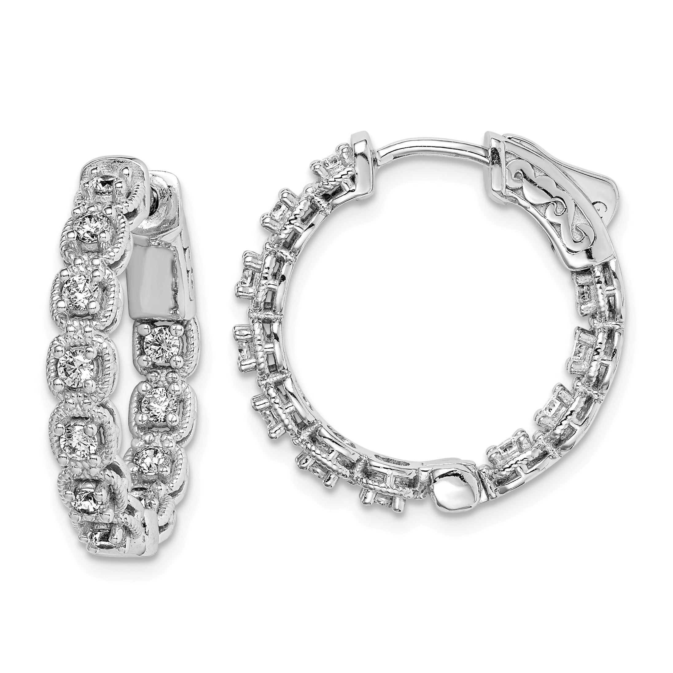 Sterling Shimmer Sterling Silver Rhodium-plated 22 Stone 2.0mm CZ In and Out Round Hinged Hoop Earrings Main image