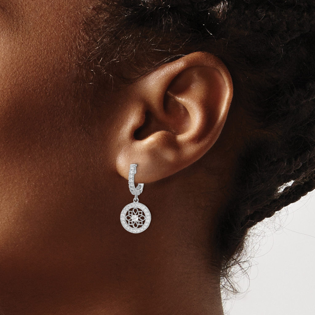 60-Stone Cubic Zirconia Fancy Hoop Dangle Earrings in Sterling Silver, 26mm Hinged - Sophia Jewelers
