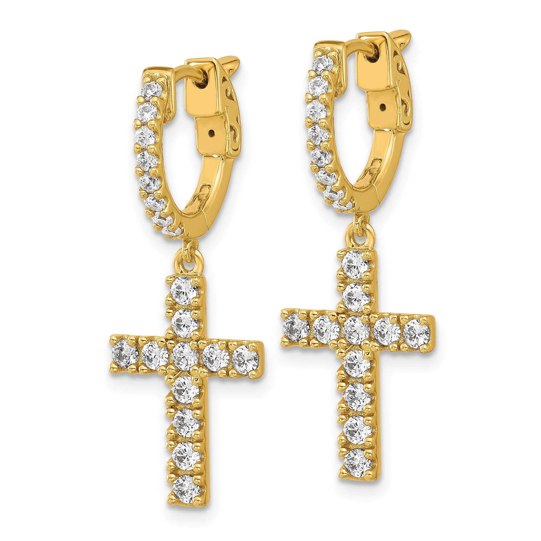 Sterling Shimmer Sterling Silver Gold-tone Flash Gold-plated CZ 38 Stone Cross Hinged Hoop Earrings