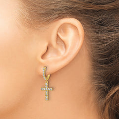 Sterling Shimmer Sterling Silver Gold-tone Flash Gold-plated CZ 38 Stone Cross Hinged Hoop Earrings