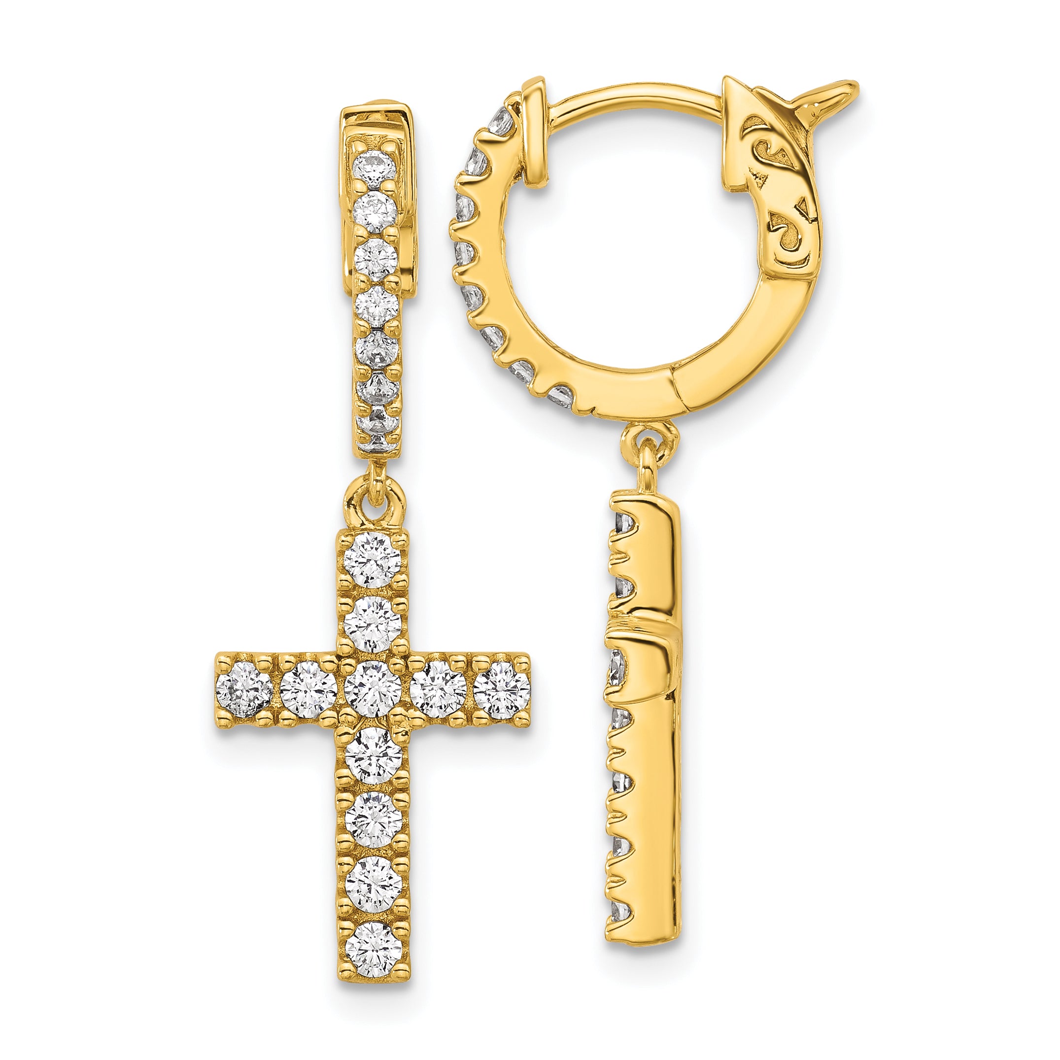 Sterling Shimmer Sterling Silver Gold-tone Flash Gold-plated CZ 38 Stone Cross Hinged Hoop Earrings Main image