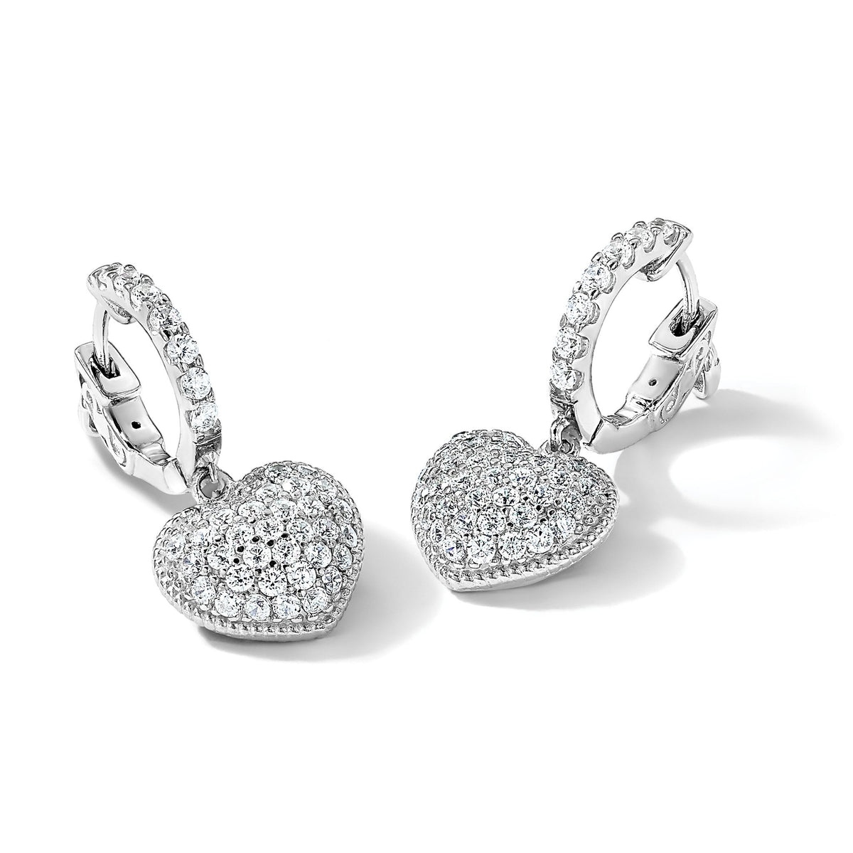 86-Stone Cubic Zirconia Pavé Heart Hoop Dangle Earrings in Sterling Silver, 23mm - Sophia Jewelers