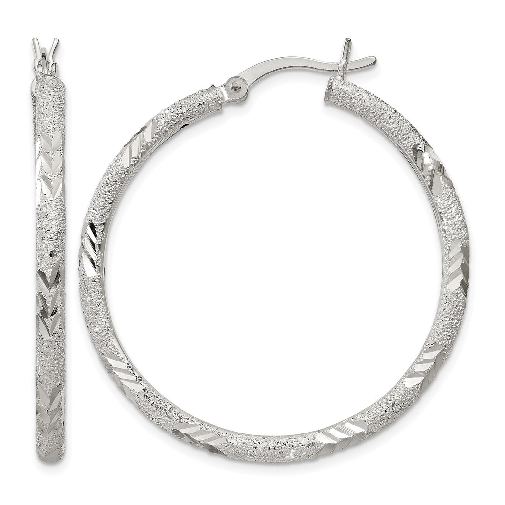 Laser-Cut Hoop Earrings in Sterling Silver, 35mm Diamond-Cut Hinged - Sophia Jewelers