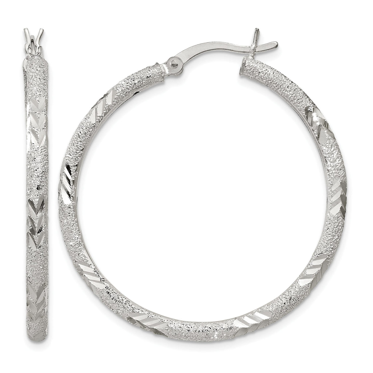 Laser-Cut Hoop Earrings in Sterling Silver, 35mm Diamond-Cut Hinged - Sophia Jewelers