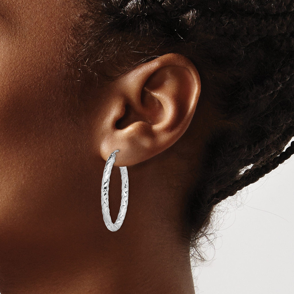 Oval Hoop Earrings in Sterling Silver, 24x33mm Textured & Diamond-Cut - Sophia Jewelers