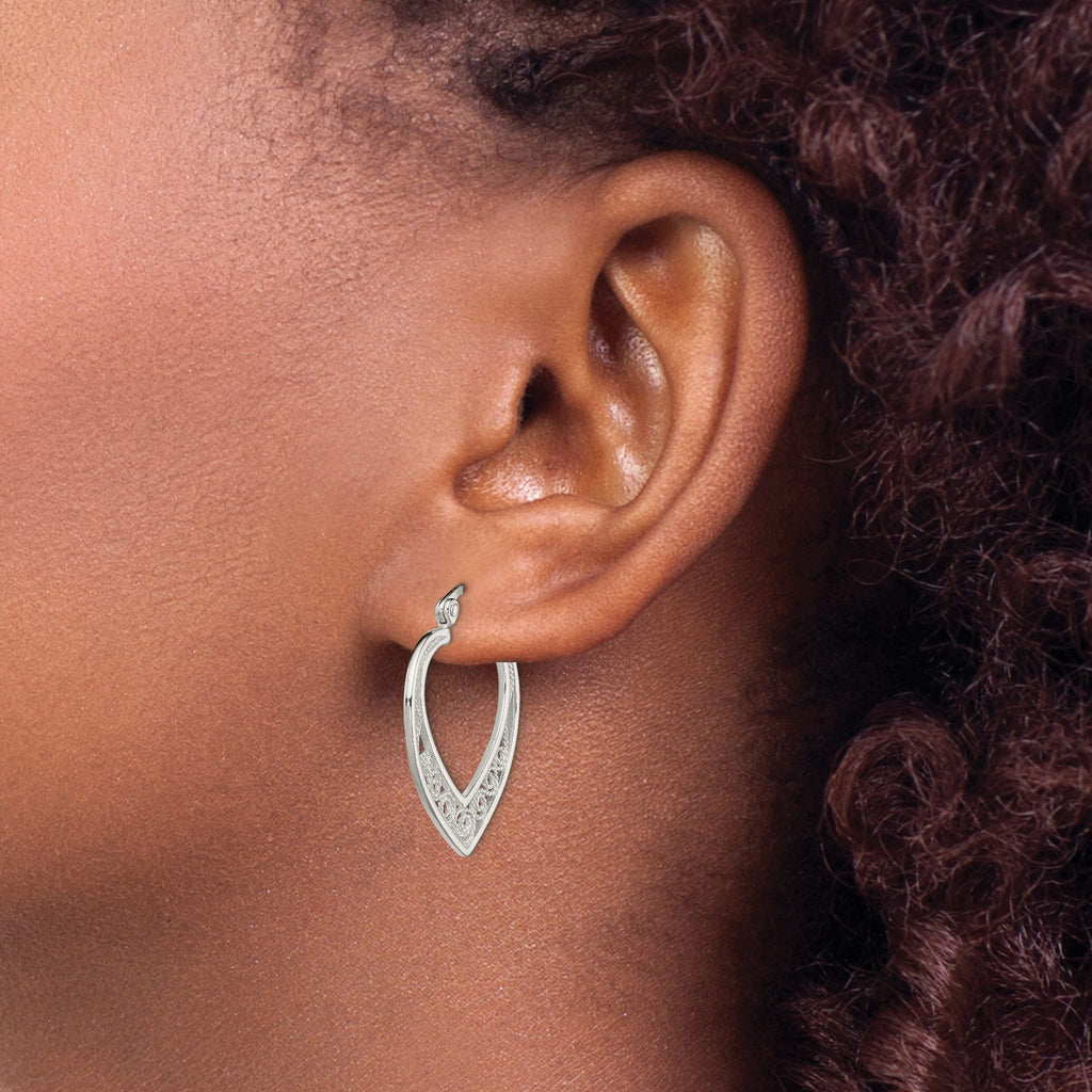 Filigree Heart Anti-Tarnish Hoop Earrings in Sterling Silver, 29mm - Sophia Jewelers