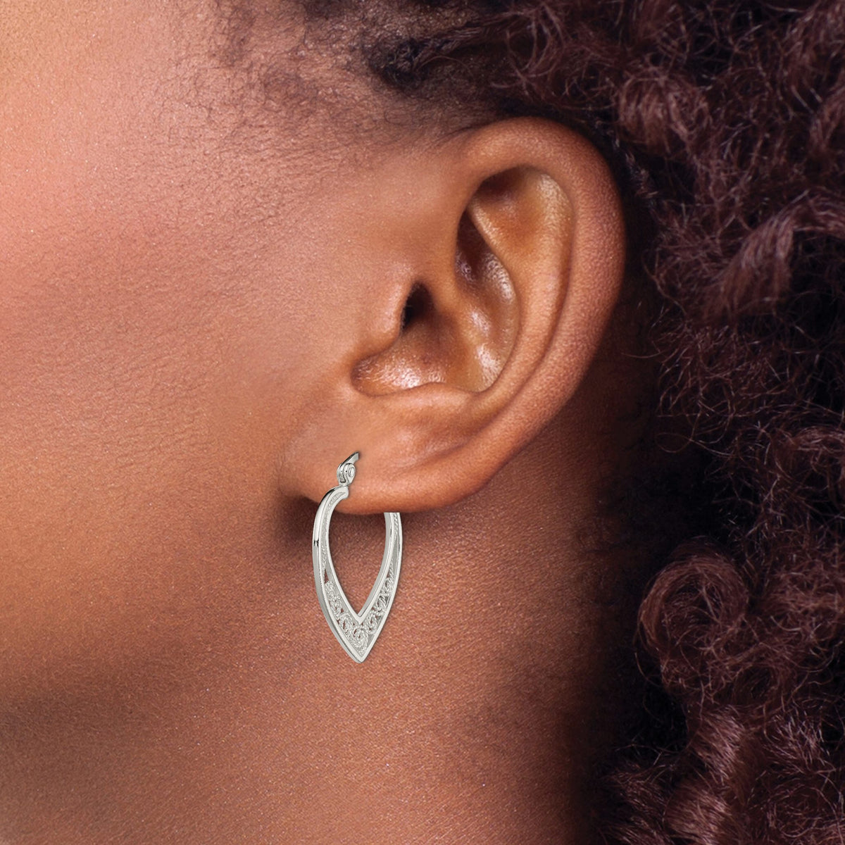 Filigree Heart Anti-Tarnish Hoop Earrings in Sterling Silver, 29mm - Sophia Jewelers