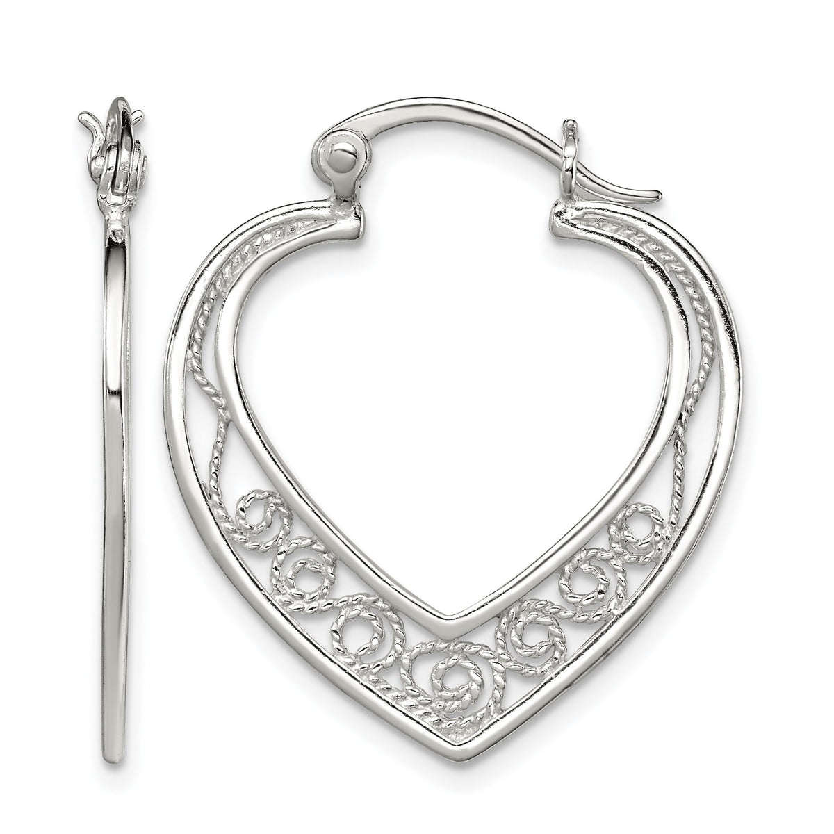 Filigree Heart Anti-Tarnish Hoop Earrings in Sterling Silver, 29mm - Sophia Jewelers