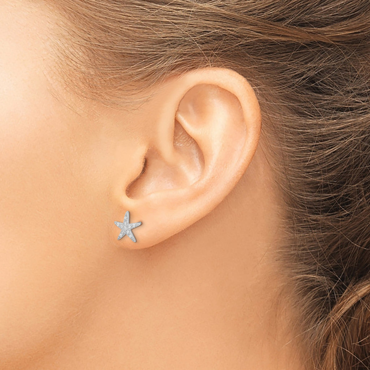Cubic Zirconia Micro-Pavé Starfish Stud Earrings in Sterling Silver, 11mm Textured - Sophia Jewelers