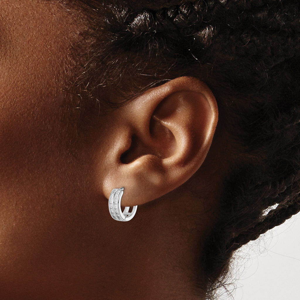 White Cubic Zirconia Hoop Earrings in Sterling Silver, 13mm Hinged - Sophia Jewelers