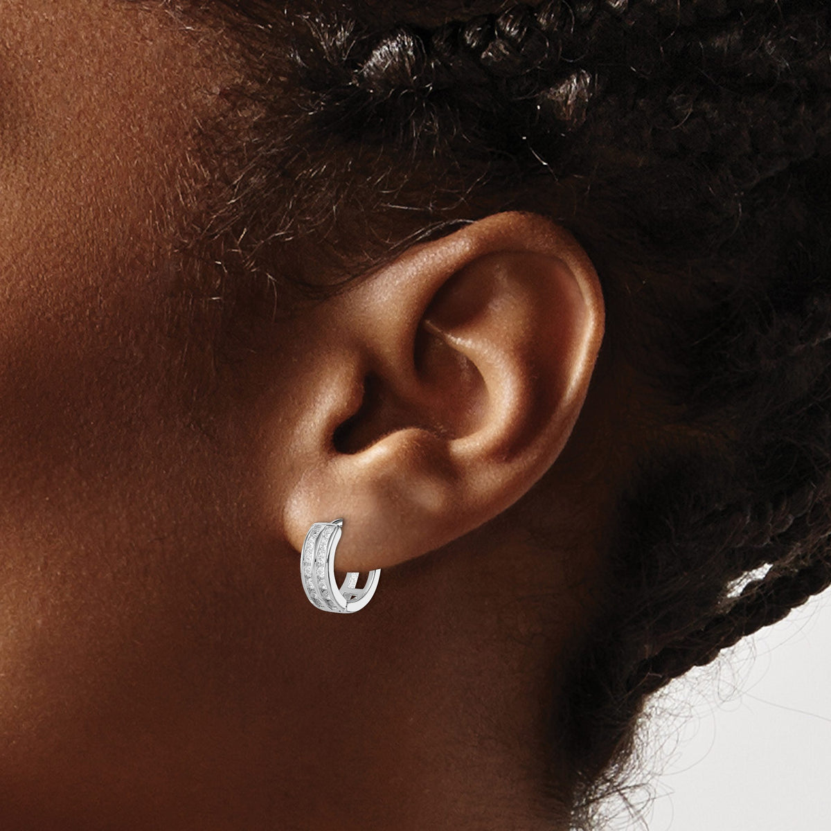 White Cubic Zirconia Hoop Earrings in Sterling Silver, 13mm Hinged - Sophia Jewelers