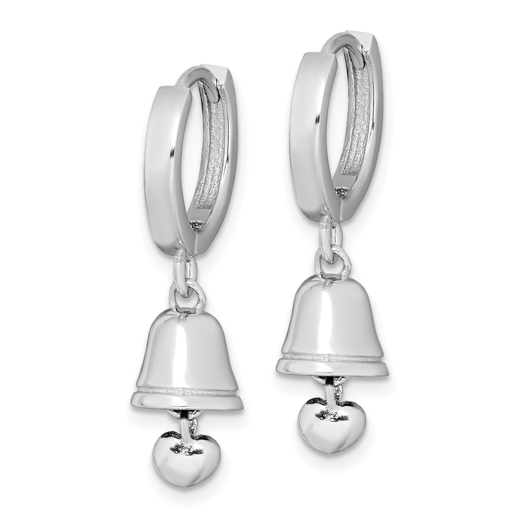 Sterling Silver RH-plated Polished Bell w/Heart Hinged Hoop Earrings