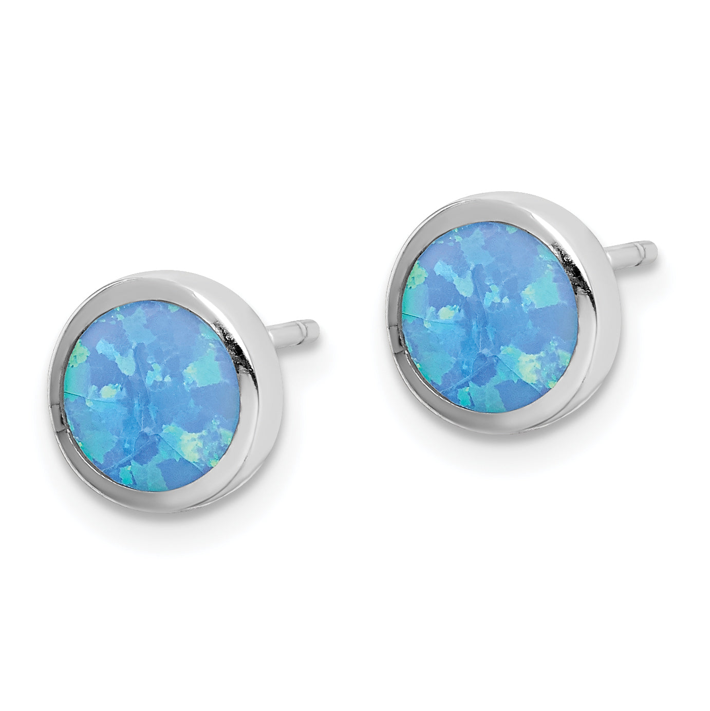Sterling Silver RH-plated Polished Blue Created Opal Round Stud Earrings Secondary image