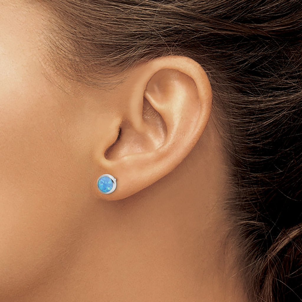Round Blue Created Opal Stud Earrings in Sterling Silver, 6mm - Sophia Jewelers