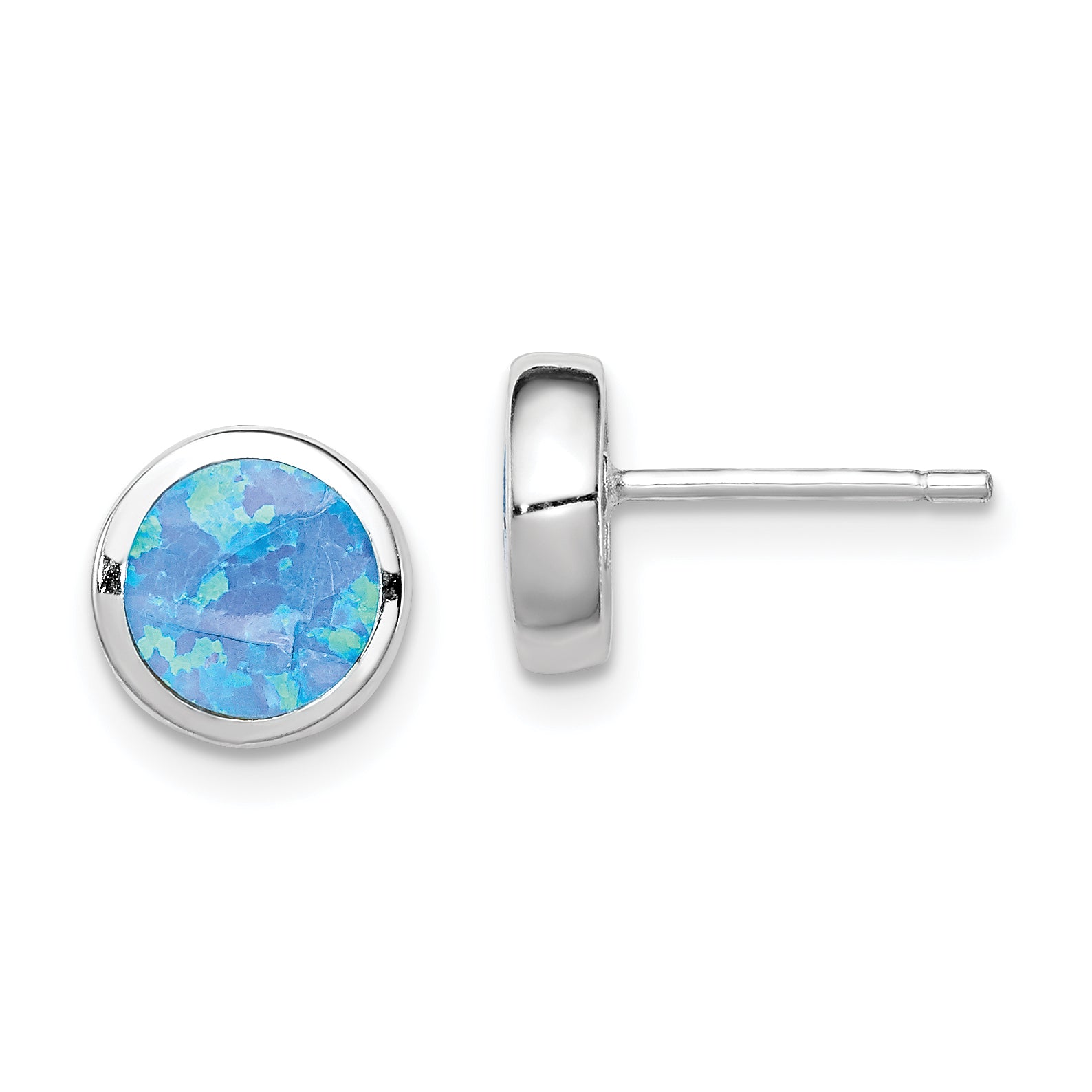 Sterling Silver RH-plated Polished Blue Created Opal Round Stud Earrings Main image