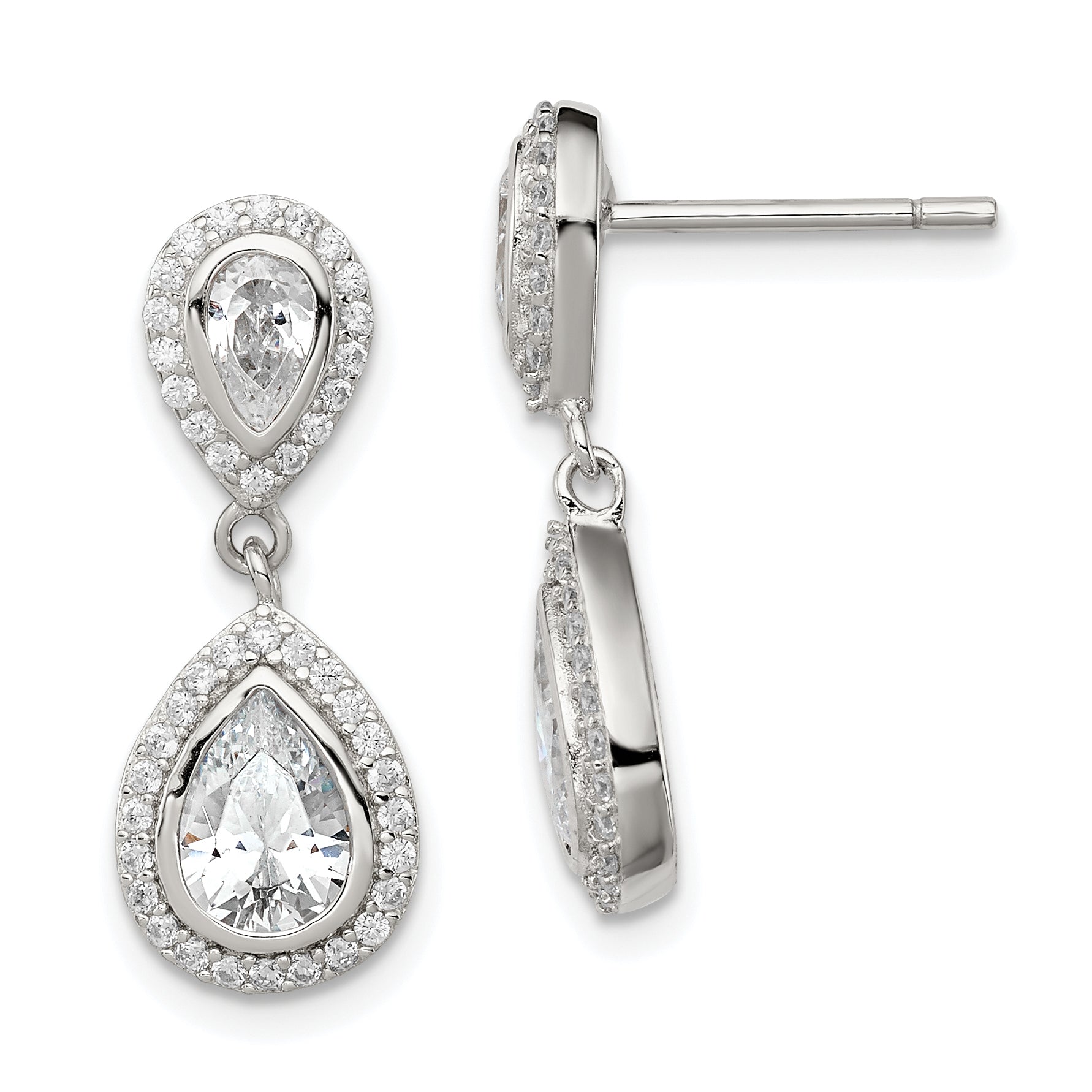 Sterling Silver Rhodium-plated Polished CZ Pear Halo Post Dangle Earrings Main image