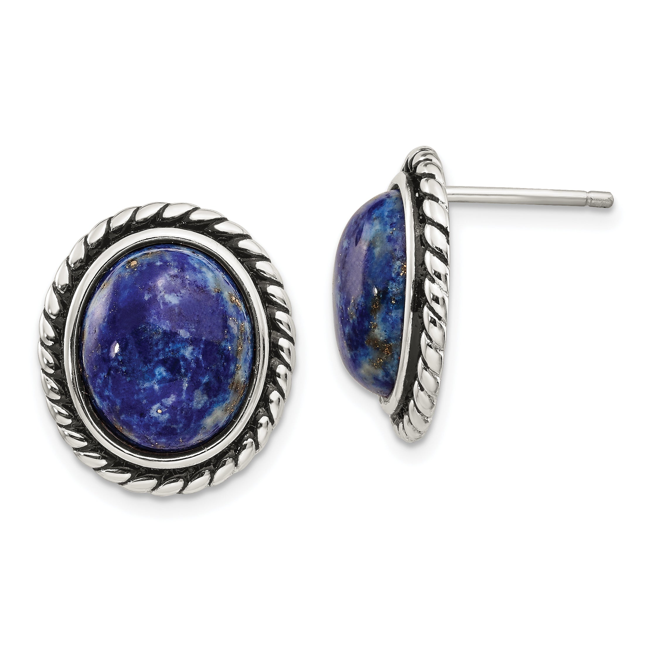 Sterling Silver Polished/Antiqued Lapis Cabochon Post Earrings Main image