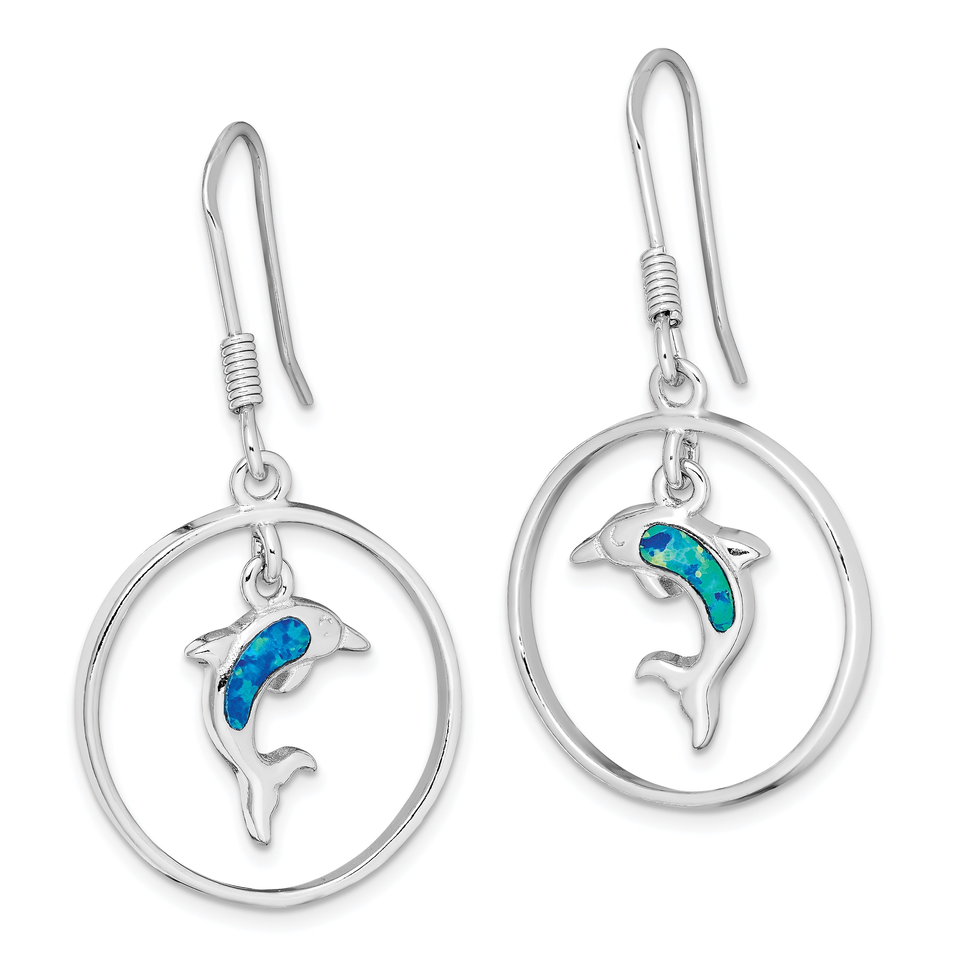 Sterling Silver Rhodium-plated Polished Created Blue Opal Dolphin Dangle Earrings Secondary image