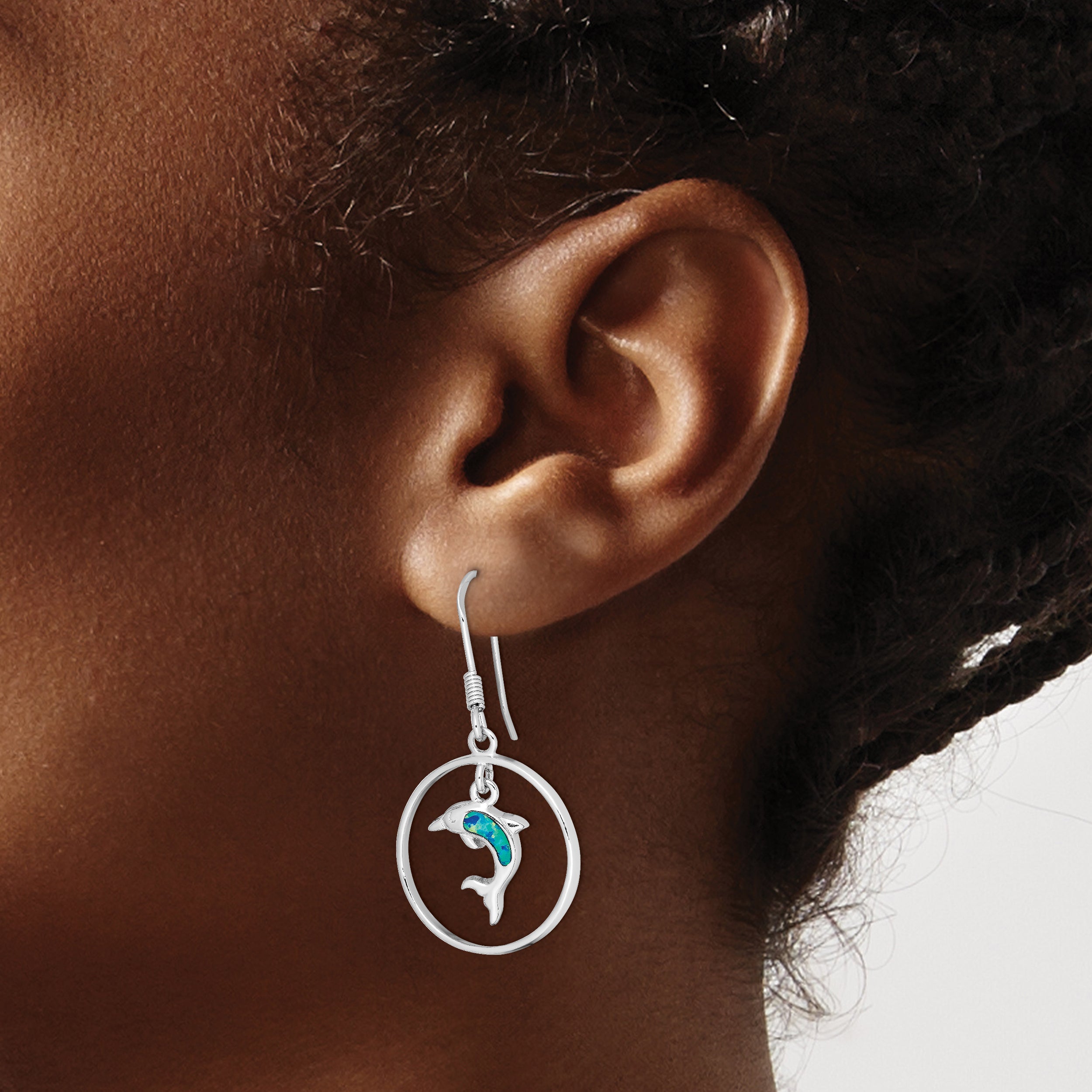 Sterling Silver Rhodium-plated Polished Created Blue Opal Dolphin Dangle Earrings