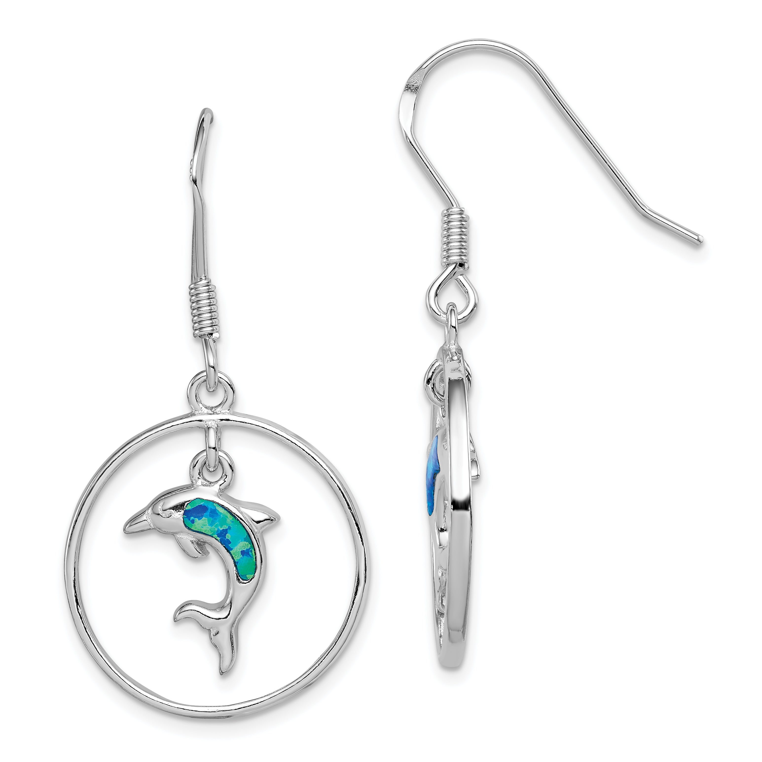 Sterling Silver Rhodium-plated Polished Created Blue Opal Dolphin Dangle Earrings Main image