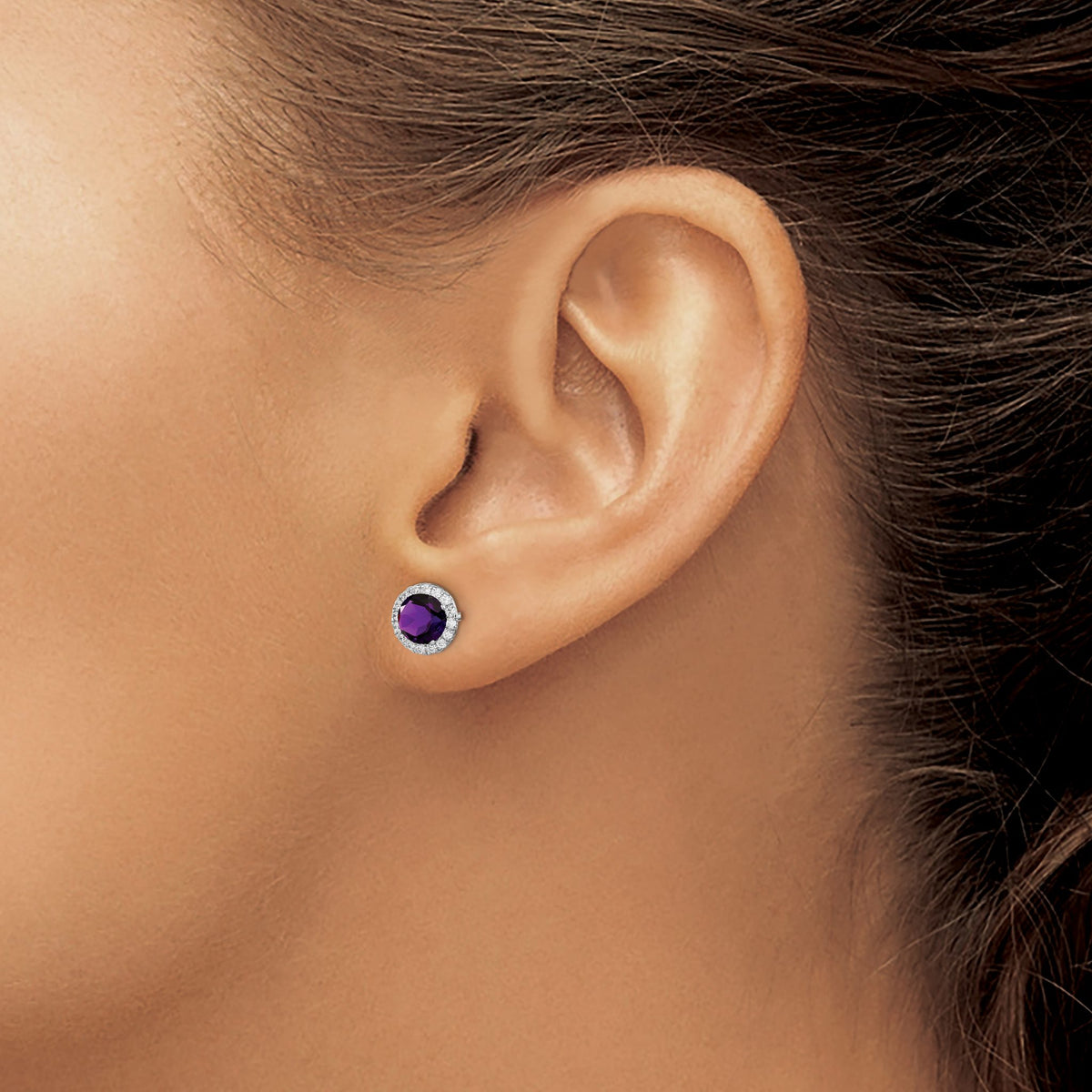 Amethyst & Cubic Zirconia Stud Earrings in Sterling Silver, 8mm - Sophia Jewelers